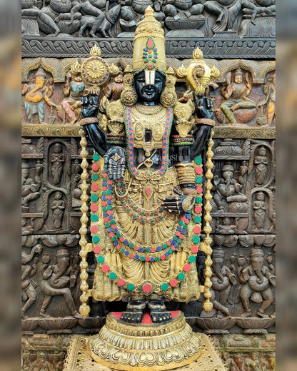 Pure Brass Tirupati Balaji Idol with Black & Golden Finish and Stonework - 48"