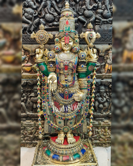 Pure Brass Tirupati Balaji Idol - Golden Finish with Stonework, 48"