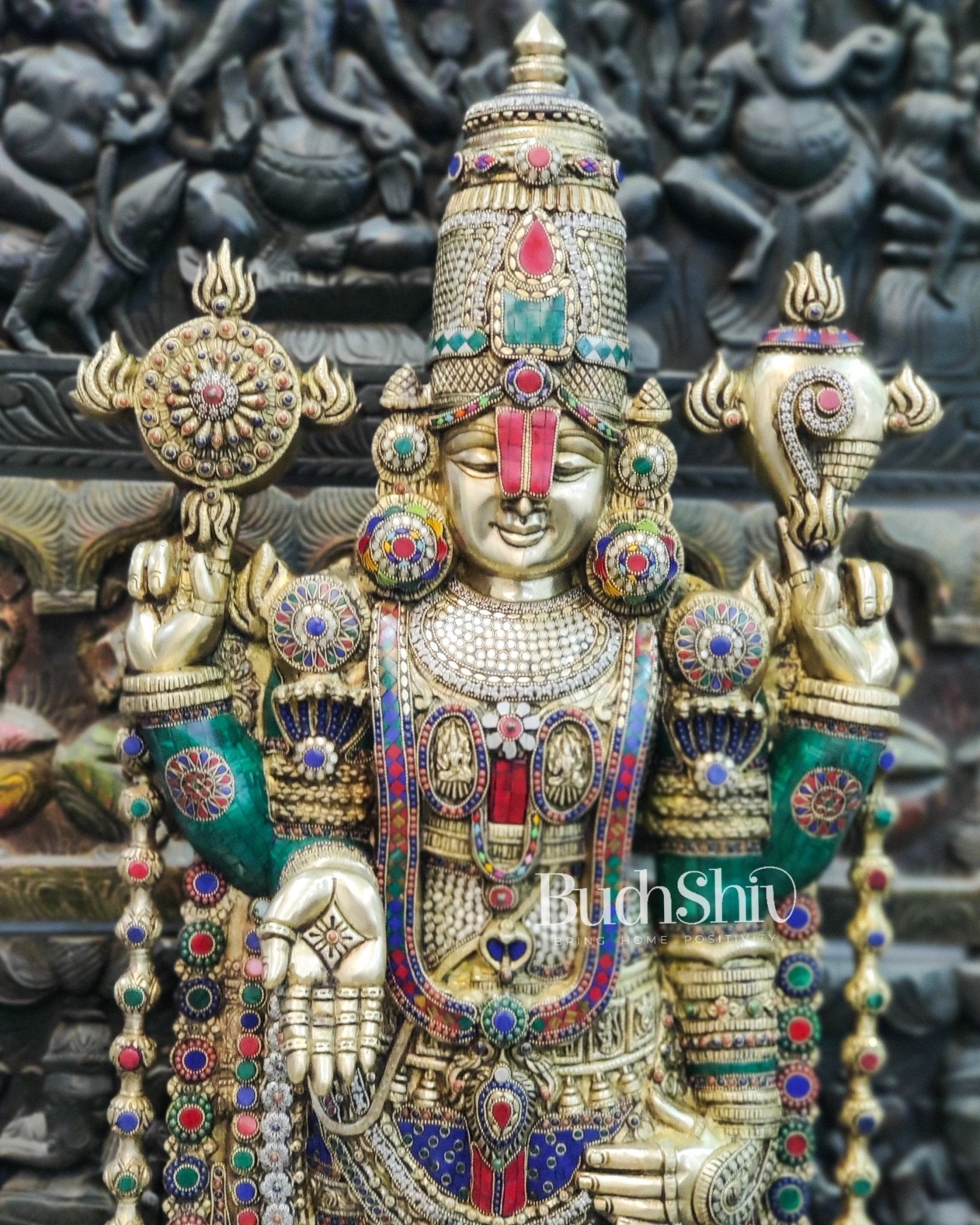 Pure Brass Tirupati Balaji Idol - Golden Finish with Stonework, 48"