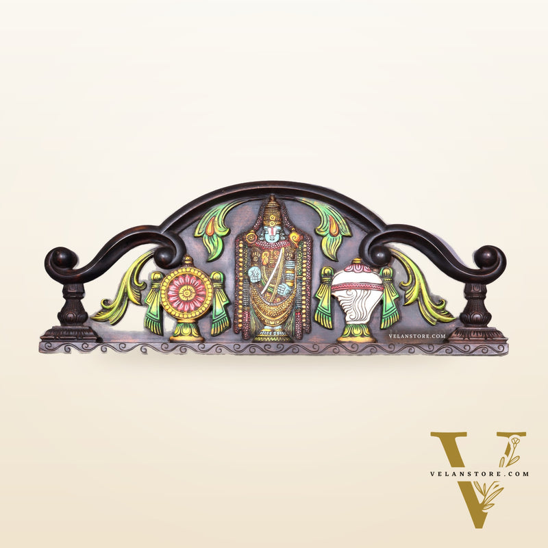 Tirupati Balaji Wooden Wall Hanging with Shankh Chakra & Floral Motifs – Handcrafted & Hand-Painted