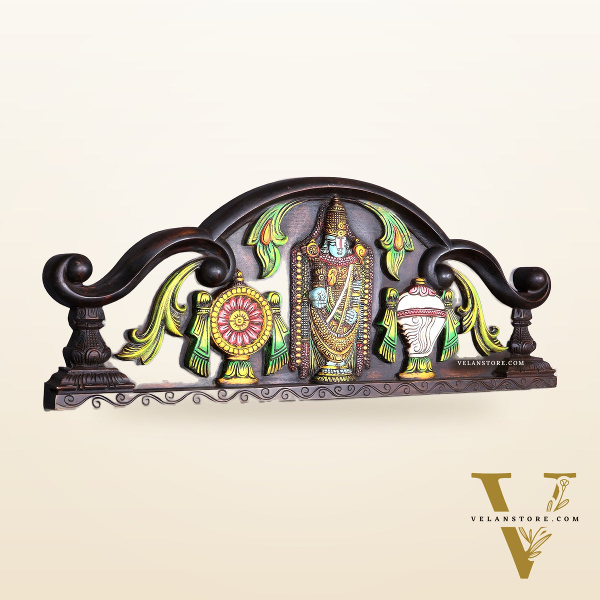 Tirupati Balaji Wooden Wall Hanging with Shankh Chakra & Floral Motifs – Handcrafted & Hand-Painted
