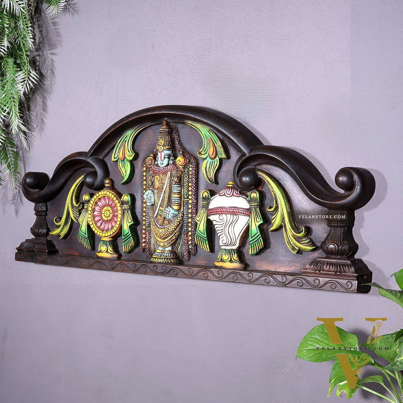 Tirupati Balaji Wooden Wall Hanging with Shankh Chakra & Floral Motifs – Handcrafted & Hand-Painted