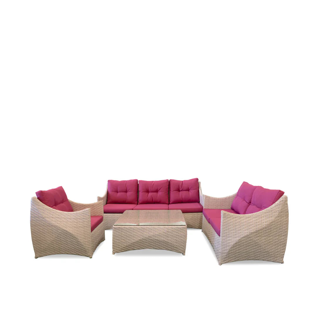 Avila Outdoor Garden Balcony Sofa Set 3 Seater, 2 Seater, 1 Single Seater and 1 Center Table Set (Cream & Pink)