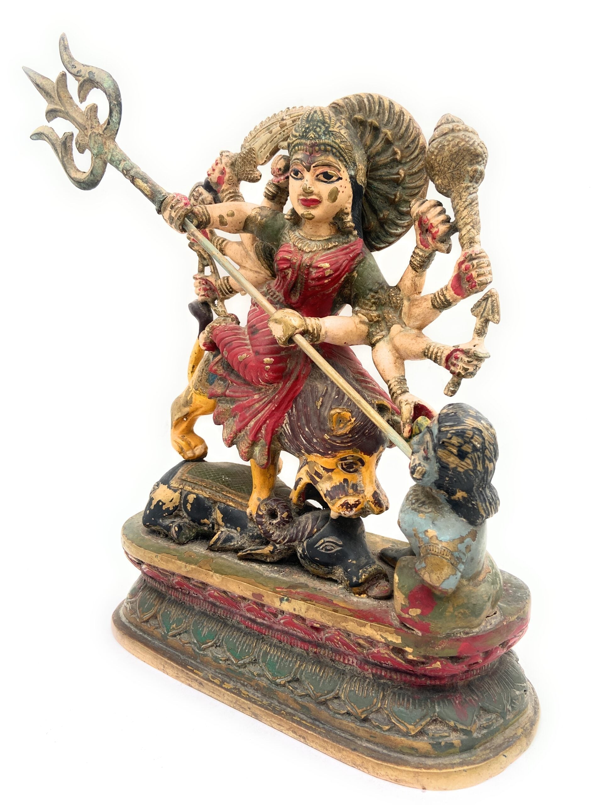 Handcrafted Brass Durga Devi Idol – Mahishasura Mardini | Shakti Simhavahini Maa Amba Statue | Antique Finish Pital Murti for Pooja, Home Temple & Navratri Decor,Gold, 14 Inch, 1 Piece
