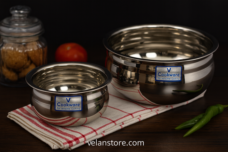 Vcookware स्टेनलेस स्टील टॉप सेट – मिरर फिनिश, टिकाऊ और स्टैकेबल कुकवेयर | Velanstore-1