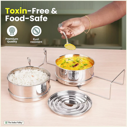 Stainless Steel Pressure Cooker Separator 2-tier Compatible with 3 Litres , Premium Quality, 100% Safe, 2 Containers With Lifter Stand, Stainless Steel