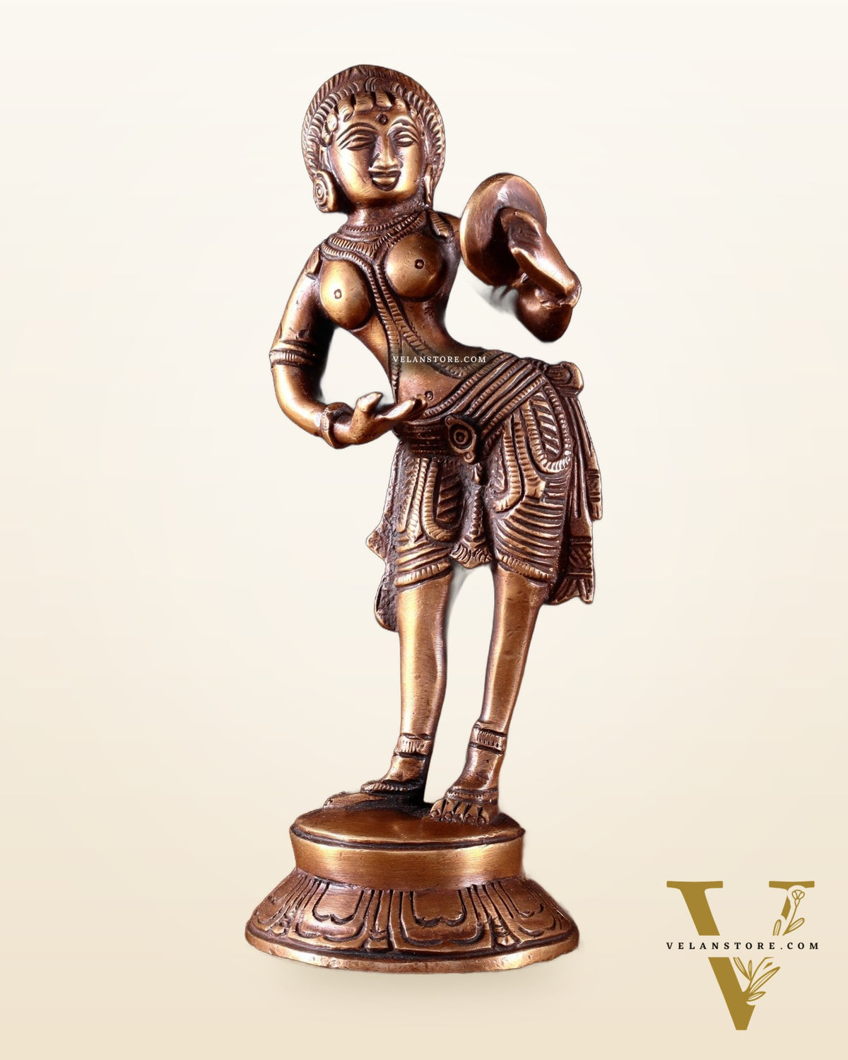 Traditional Brass Apsara with Mirror Showpiece – 6.4” dark antique