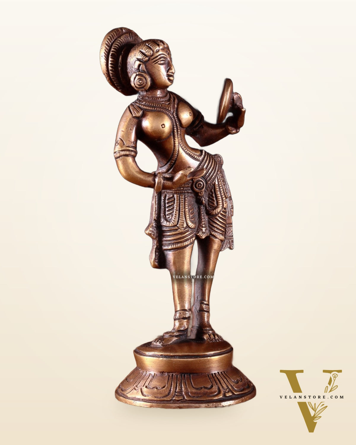 Traditional Brass Apsara with Mirror Showpiece – 6.4” dark antique