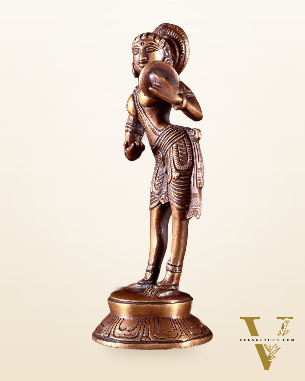 Traditional Brass Apsara with Mirror Showpiece – 6.4” dark antique