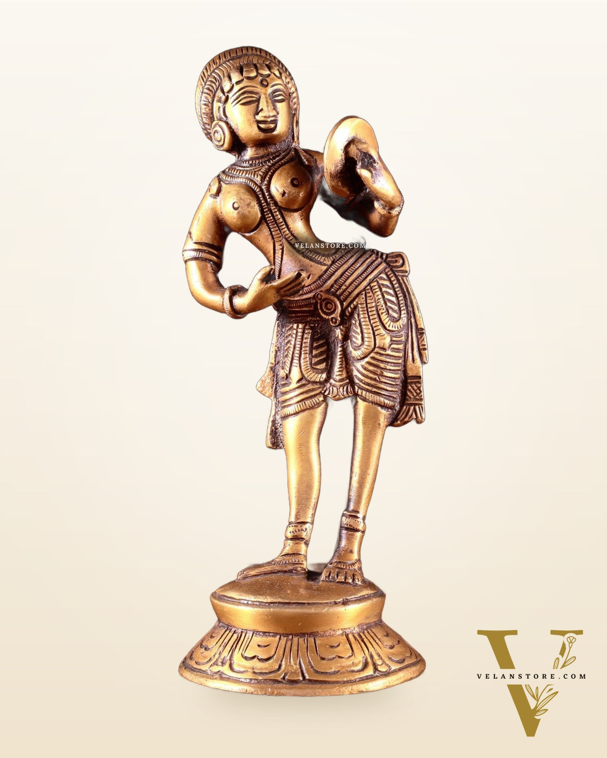 Traditional Brass Apsara with Mirror Showpiece – 6.4” light antique