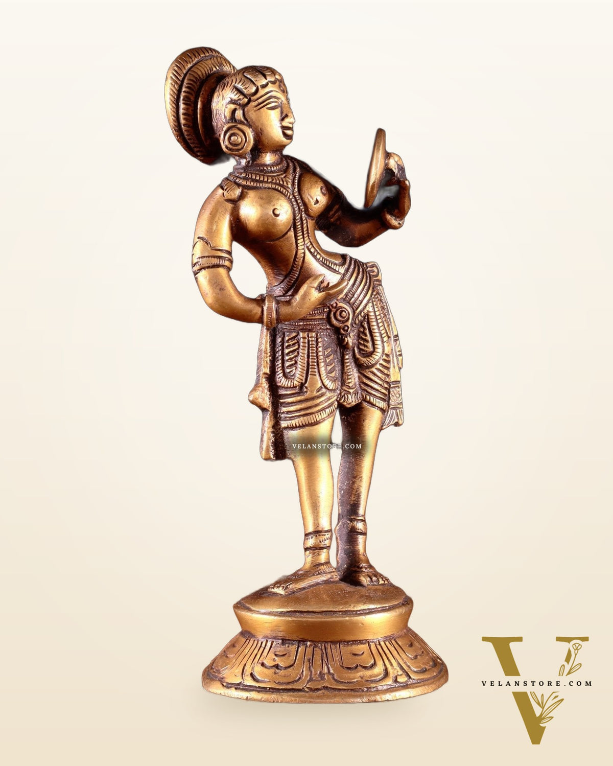Traditional Brass Apsara with Mirror Showpiece – 6.4” light antique