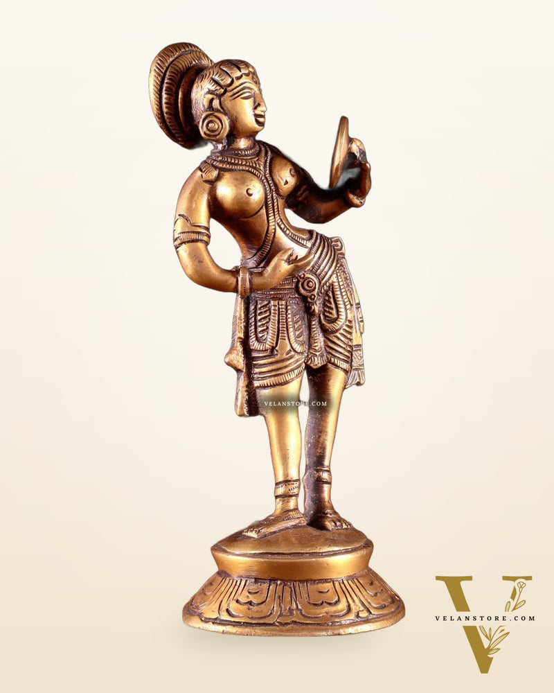 Traditional Brass Apsara with Mirror Showpiece – 6.4” light antique