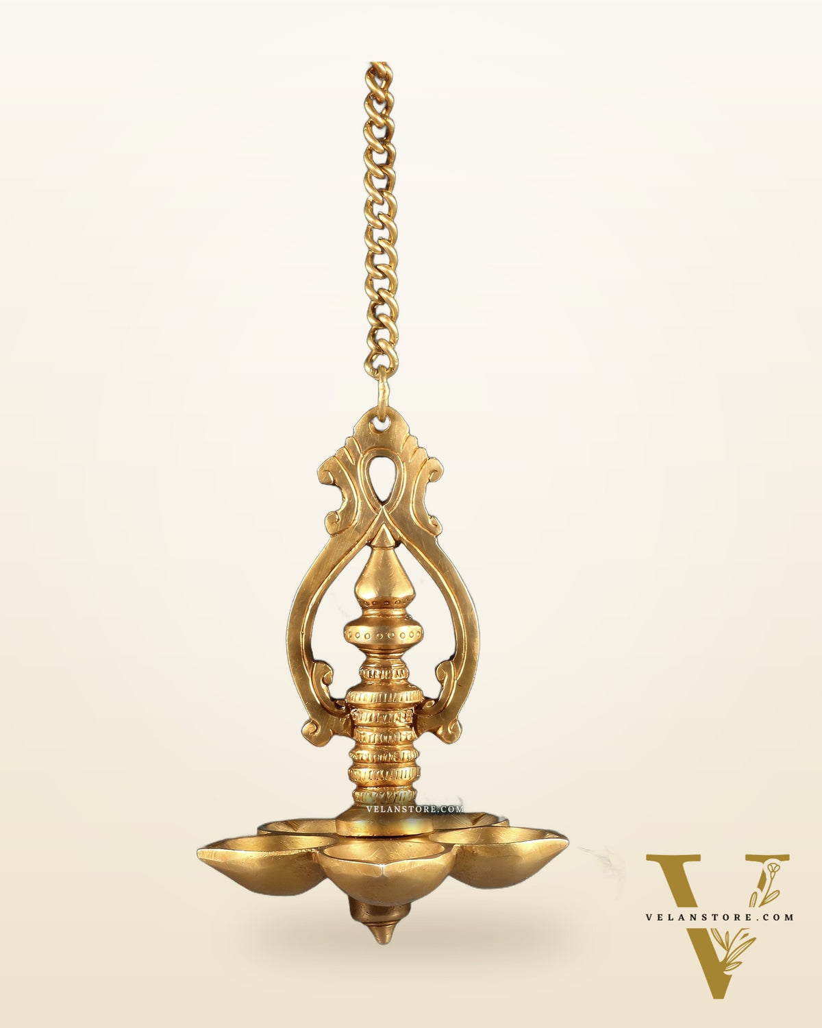 Traditional Brass Hanging Diya with 5 Wicks and Chain