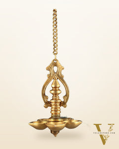 Traditional Brass Hanging Diya with 5 Wicks and Chain