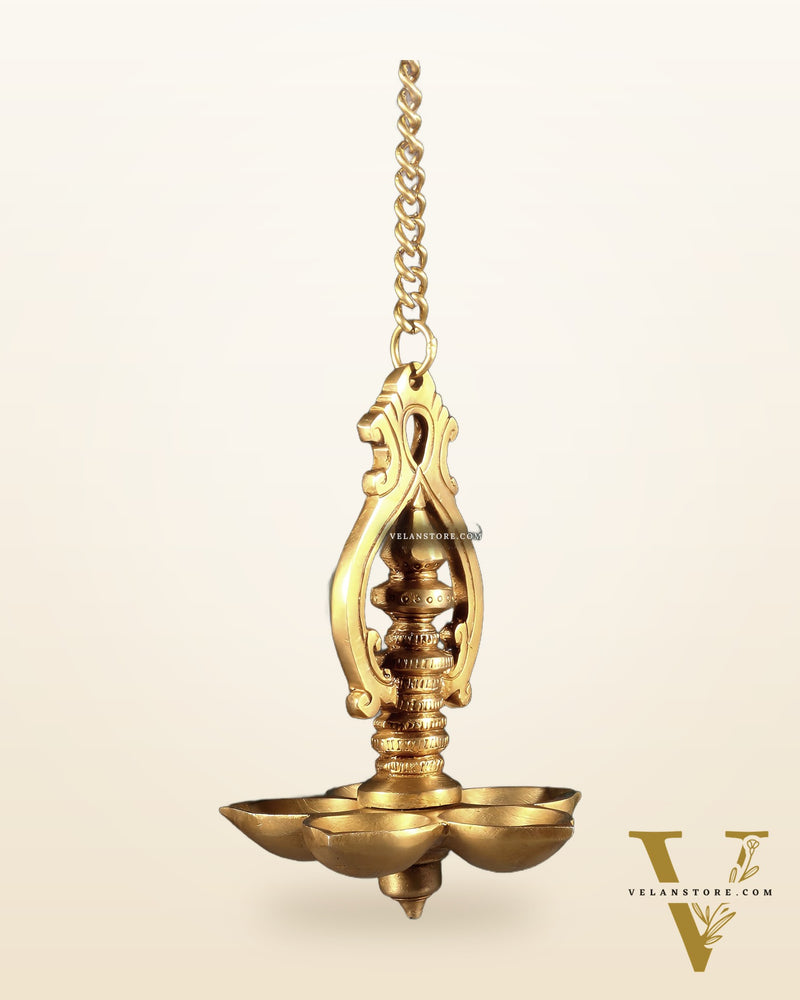 Traditional Brass Hanging Diya with 5 Wicks and Chain