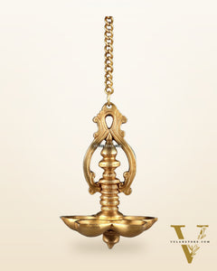 Traditional Brass Hanging Diya with 5 Wicks and Chain