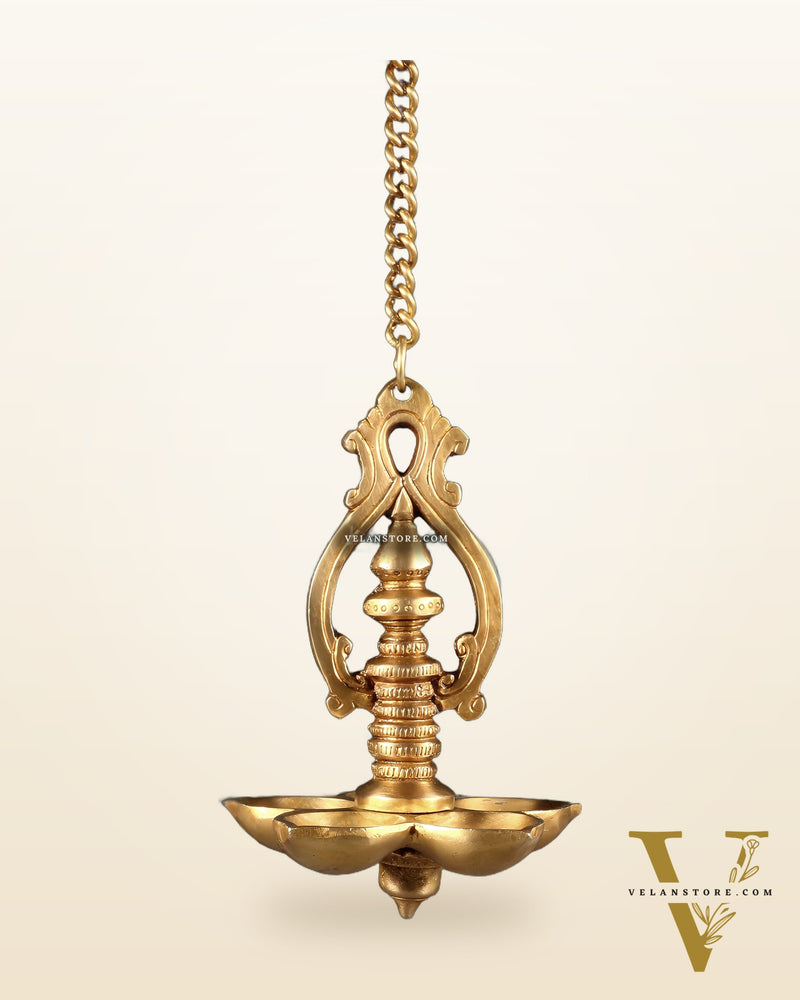 Traditional Brass Hanging Diya with 5 Wicks and Chain