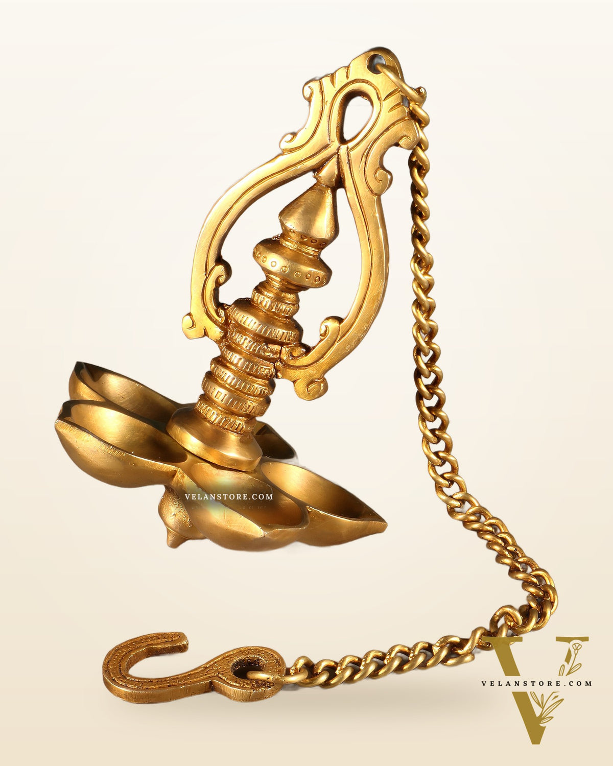 Traditional Brass Hanging Diya with 5 Wicks and Chain