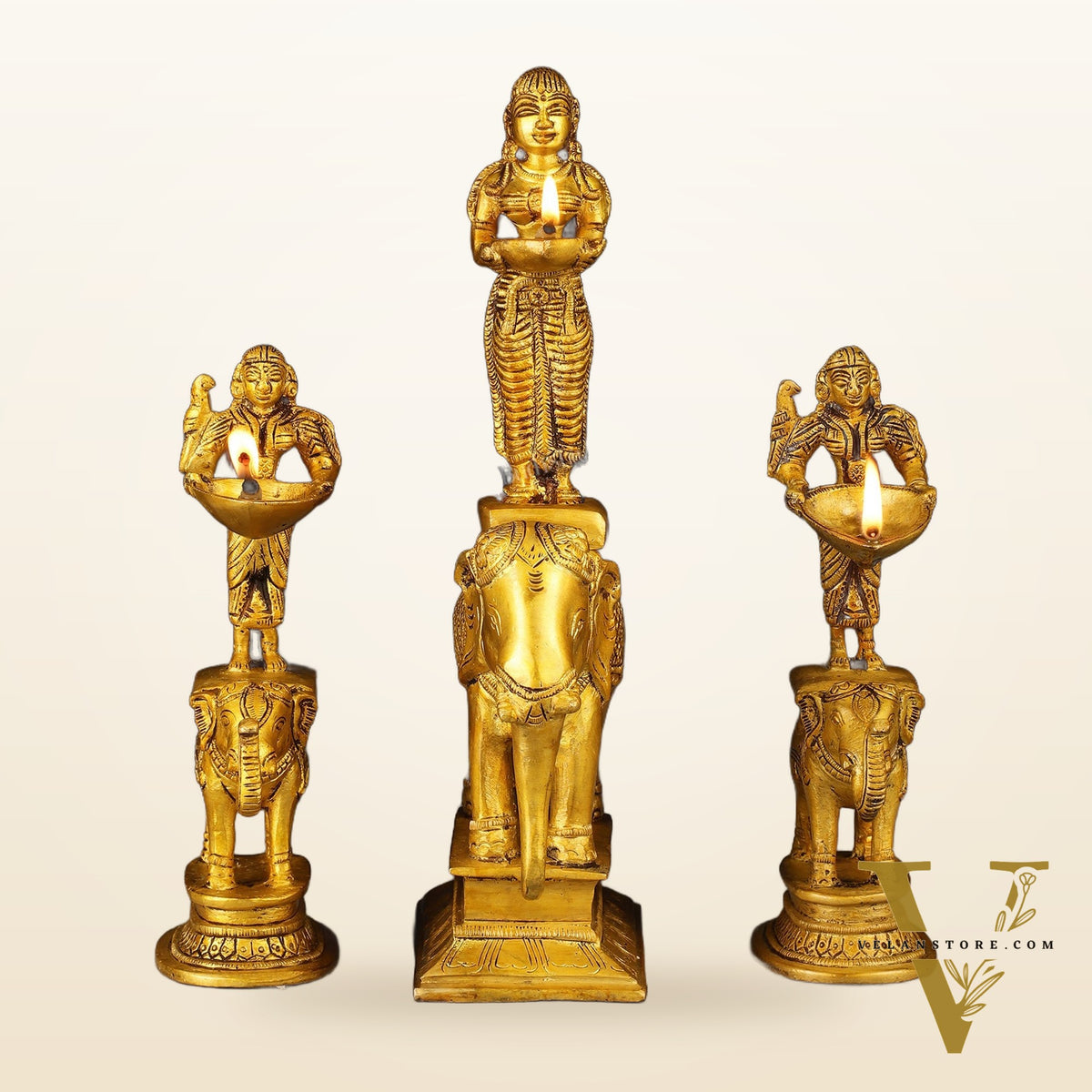 Traditional South Indian Pure Brass Deep Lady Paavai on Elephant Oil Lamps - Set of 3