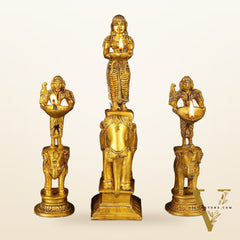 Traditional South Indian Pure Brass Deep Lady Paavai on Elephant Oil Lamps - Set of 3