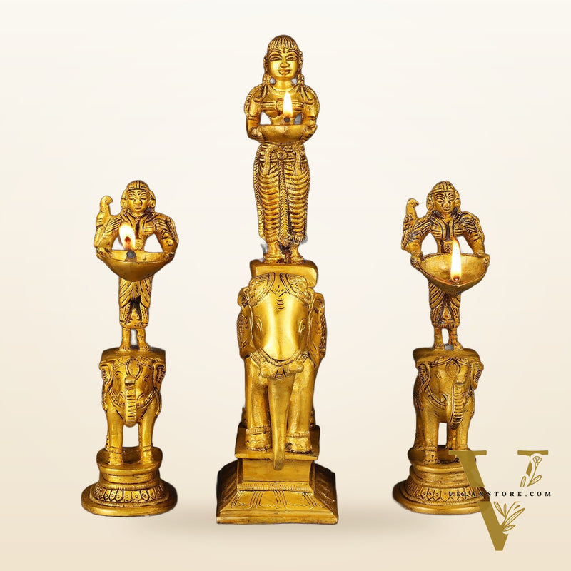 Traditional South Indian Pure Brass Deep Lady Paavai on Elephant Oil Lamps - Set of 3
