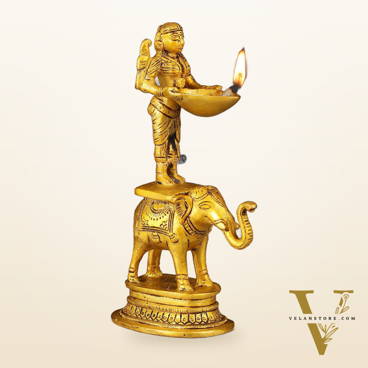 Traditional South Indian Pure Brass Deep Lady Paavai on Elephant Oil Lamp 6.5"