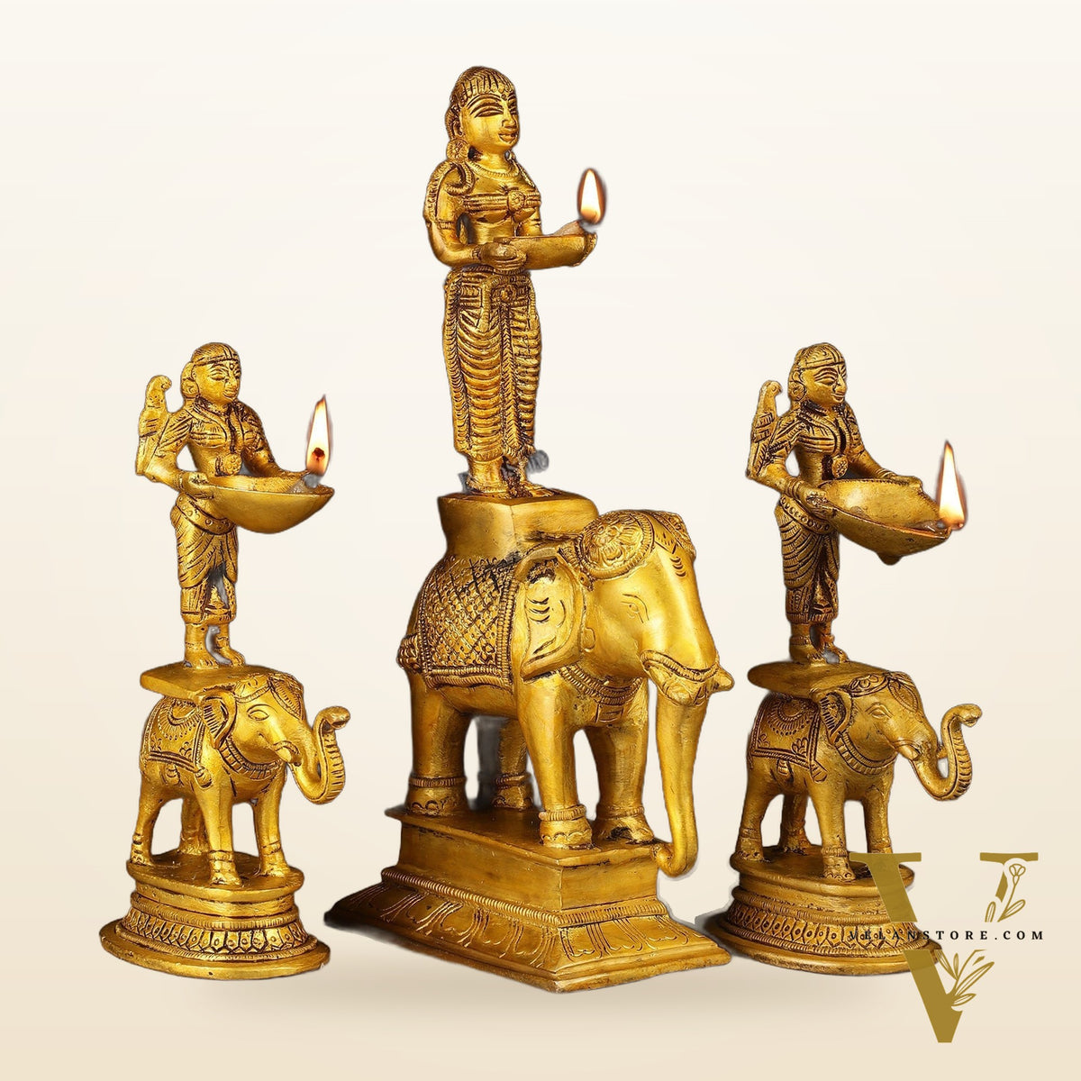 Traditional South Indian Pure Brass Deep Lady Paavai on Elephant Oil Lamps - Set of 3