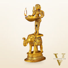 Traditional South Indian Pure Brass Deep Lady Paavai on Elephant Oil Lamp 6.5"