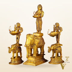 Traditional South Indian Pure Brass Deep Lady Paavai on Elephant Oil Lamps - Set of 3