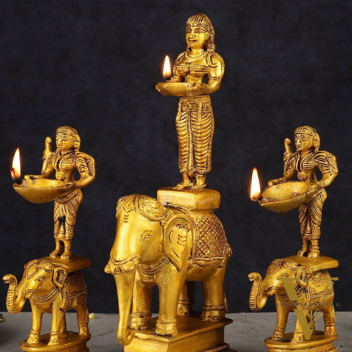 Traditional South Indian Pure Brass Deep Lady Paavai on Elephant Oil Lamps - Set of 3