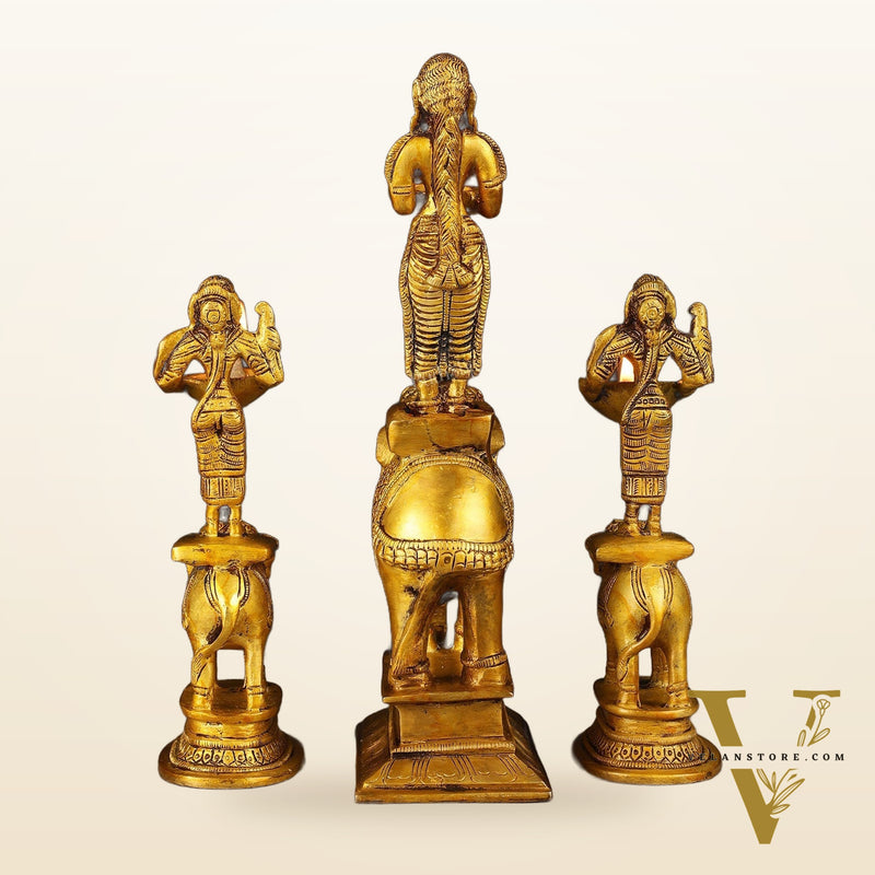 Traditional South Indian Pure Brass Deep Lady Paavai on Elephant Oil Lamps - Set of 3