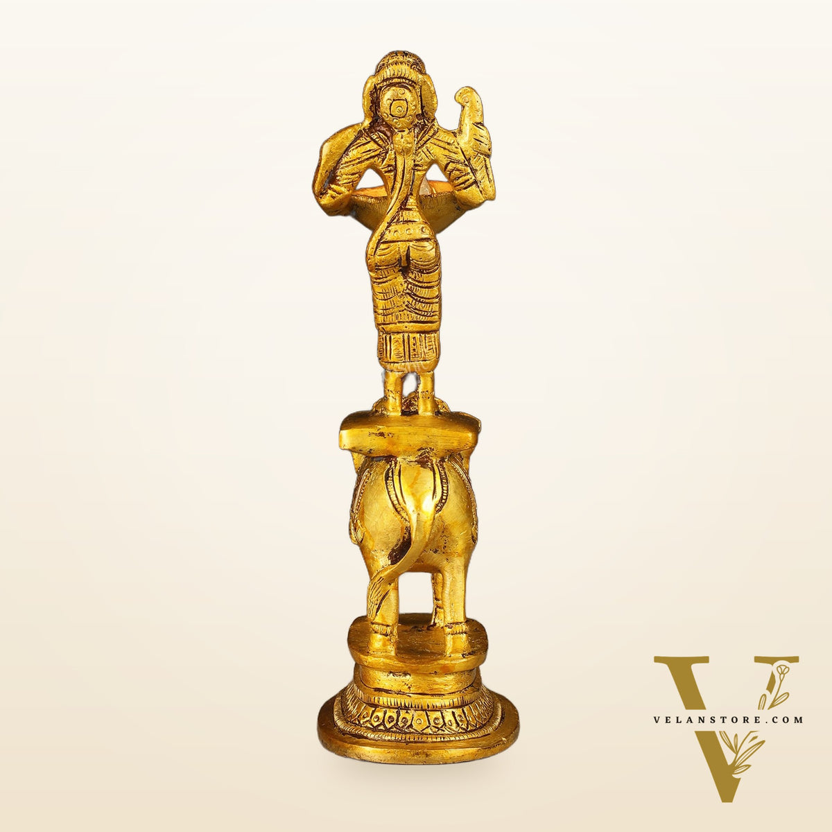 Traditional South Indian Pure Brass Deep Lady Paavai on Elephant Oil Lamp 6.5"