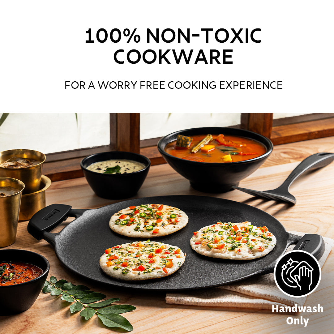 Titanex 30cm Pre-Seasoned Cast Iron Dual Handle Dosa Tawa with Heat Resistant Silicone Grip