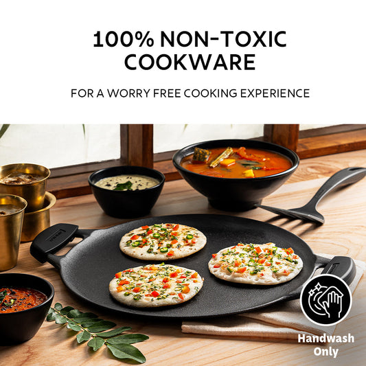 Titanex 30cm Pre-Seasoned Cast Iron Dual Handle Dosa Tawa with Heat Resistant Silicone Grip