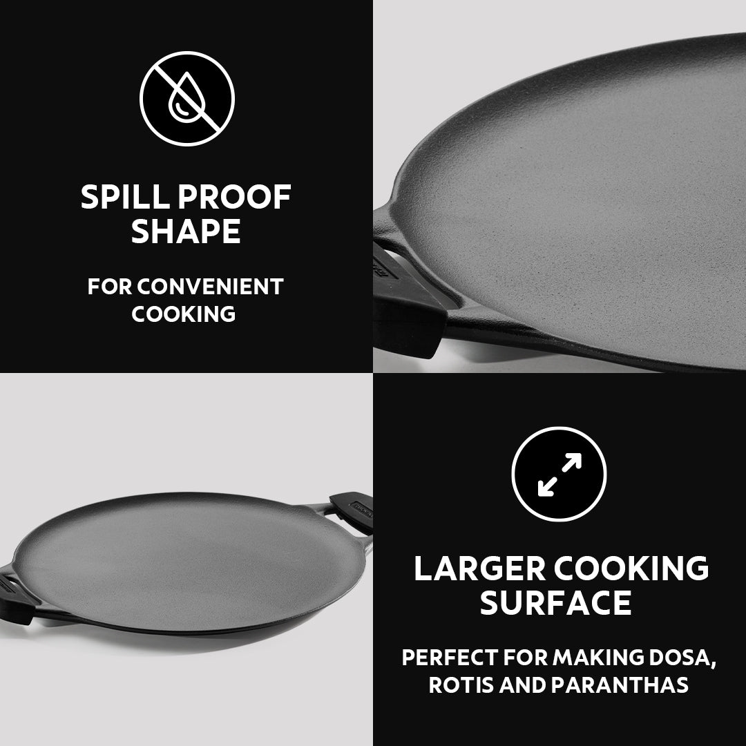 Titanex 30cm Pre-Seasoned Cast Iron Dual Handle Dosa Tawa with Heat Resistant Silicone Grip
