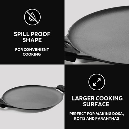 Titanex 30cm Pre-Seasoned Cast Iron Dual Handle Dosa Tawa with Heat Resistant Silicone Grip
