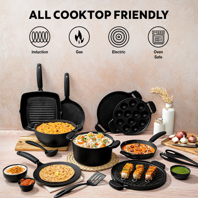 Titanex 30cm Pre-Seasoned Cast Iron Dual Handle Dosa Tawa with Heat Resistant Silicone Grip