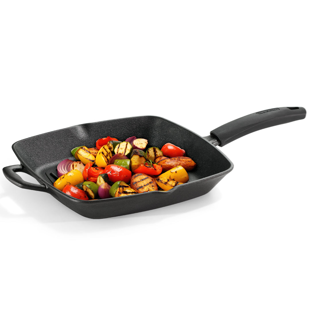 Titanex 27cm Pre-Seasoned Cast Iron Grill Pan with Heat Resistant Silicone Grip