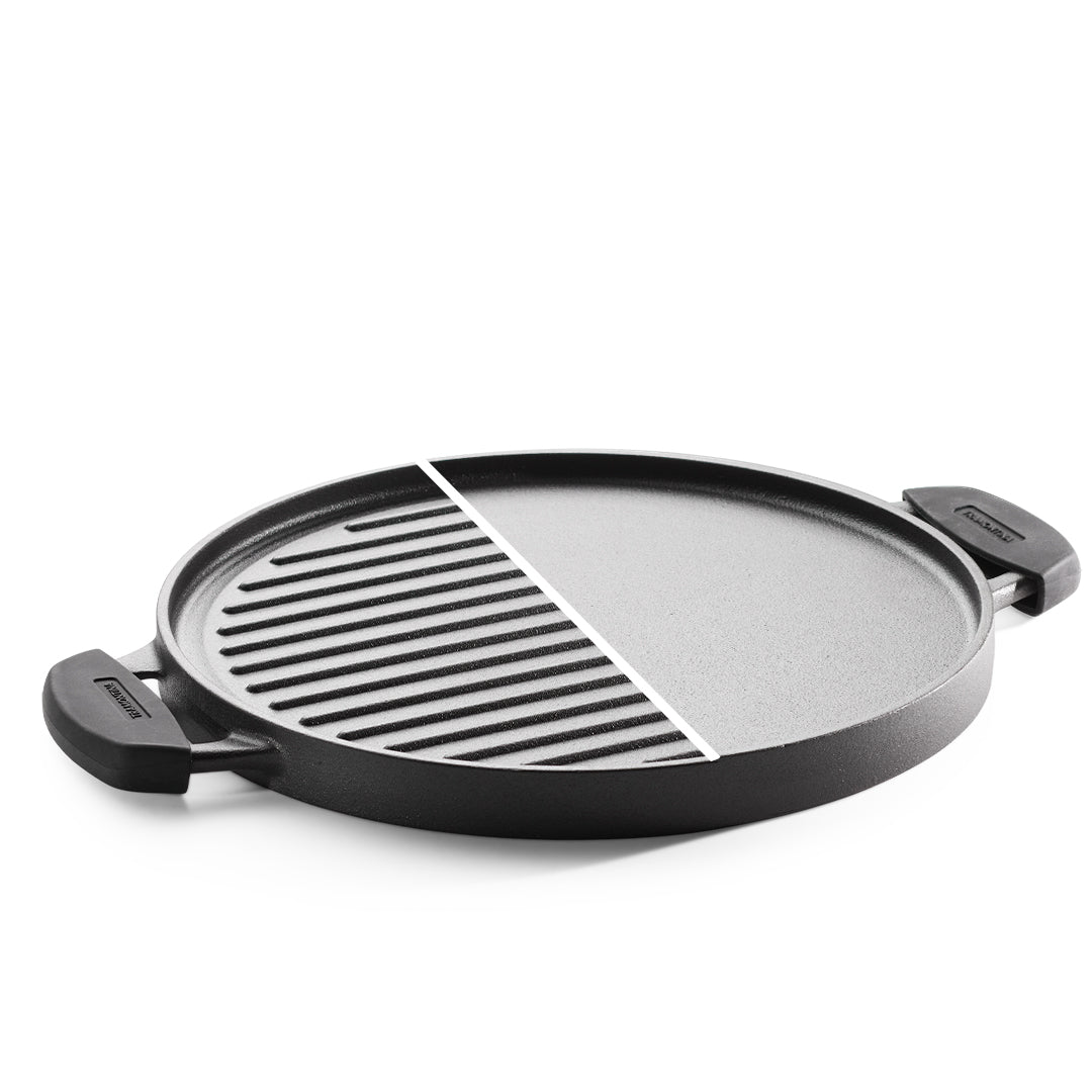 Titanex 30cm Pre-Seasoned Cast Iron Reversible Dosa Tawa/ Grill Pan with Heat Resistant Silicone Grip