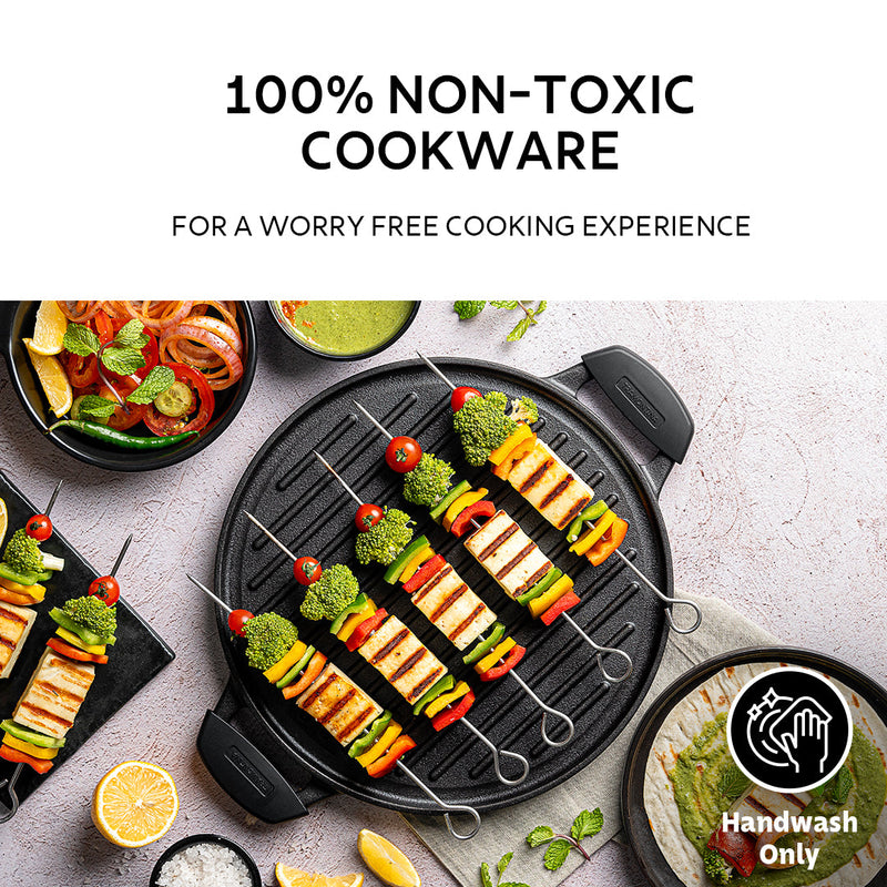 Titanex 30cm Pre-Seasoned Cast Iron Reversible Dosa Tawa/ Grill Pan with Heat Resistant Silicone Grip