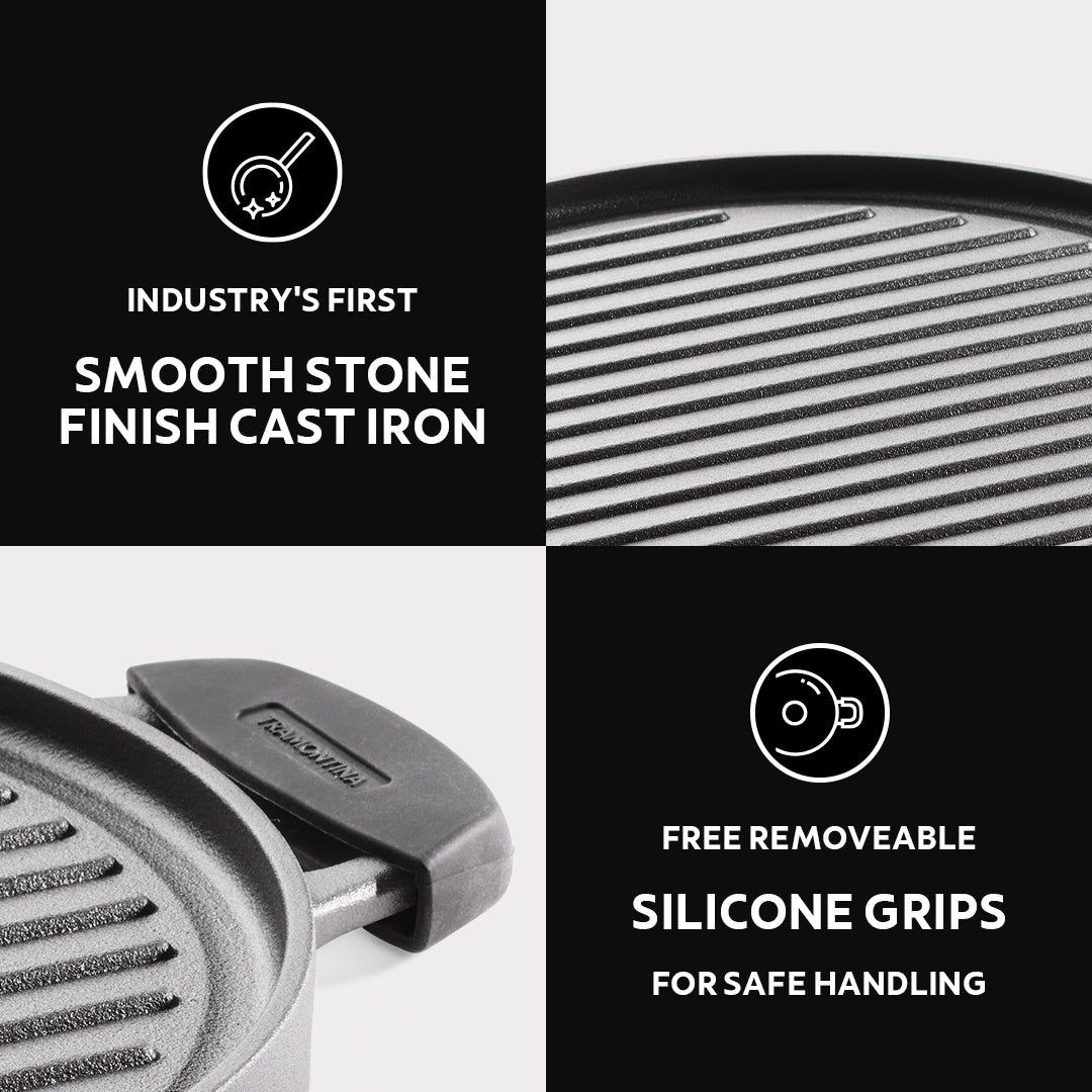 Titanex 30cm Pre-Seasoned Cast Iron Reversible Dosa Tawa/ Grill Pan with Heat Resistant Silicone Grip