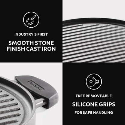 Titanex 30cm Pre-Seasoned Cast Iron Reversible Dosa Tawa/ Grill Pan with Heat Resistant Silicone Grip