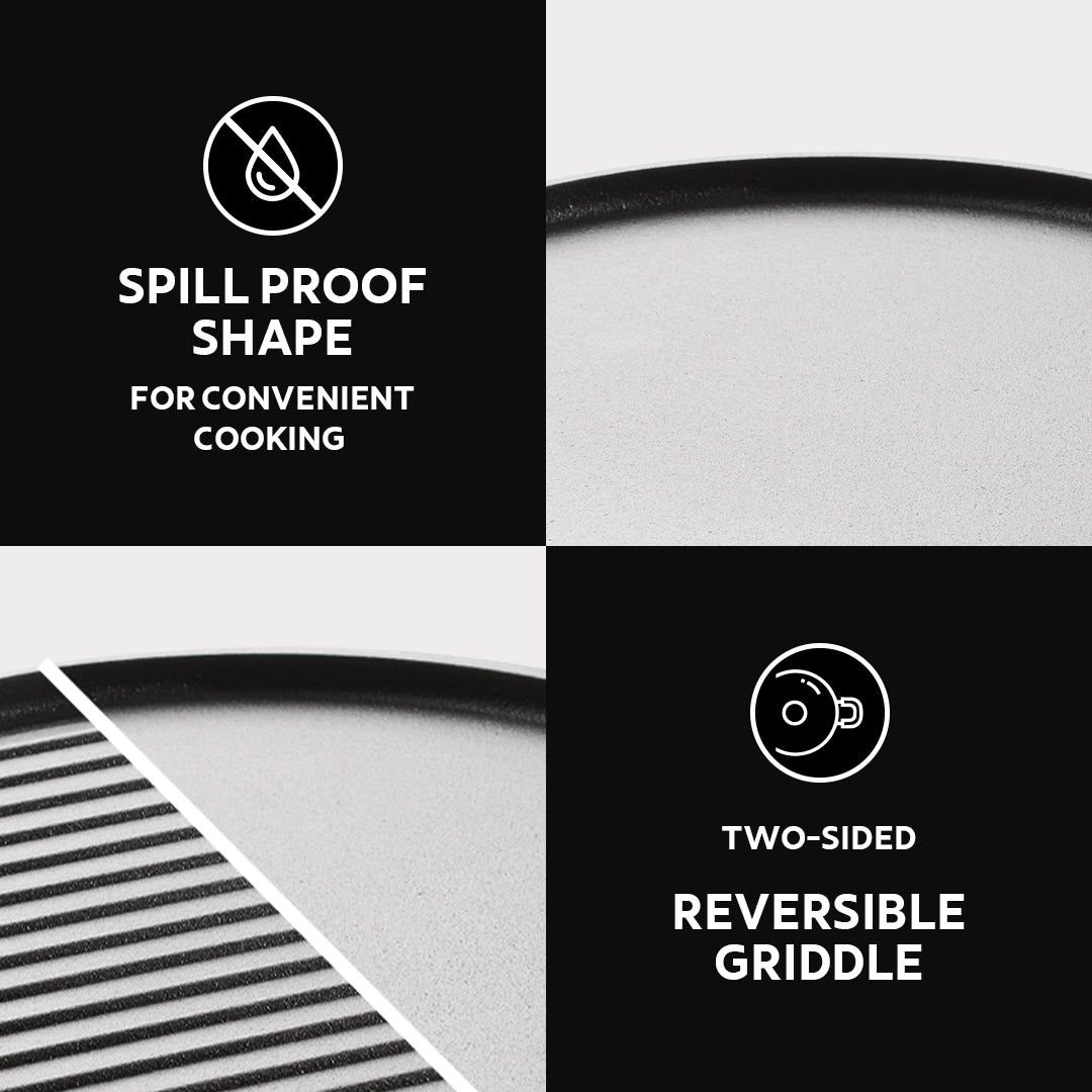 Titanex 30cm Pre-Seasoned Cast Iron Reversible Dosa Tawa/ Grill Pan with Heat Resistant Silicone Grip