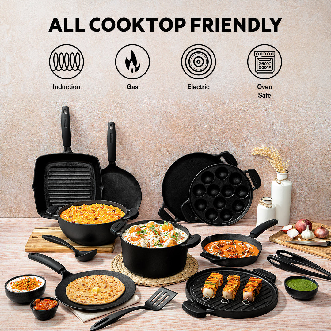 Titanex 30cm Pre-Seasoned Cast Iron Reversible Dosa Tawa/ Grill Pan with Heat Resistant Silicone Grip