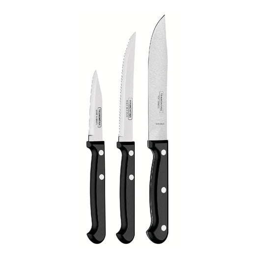 Ultracorte Set of 3 Antimicrobial Stainless Steel Knife - Vegetable + Steak + Kitchen (Black)