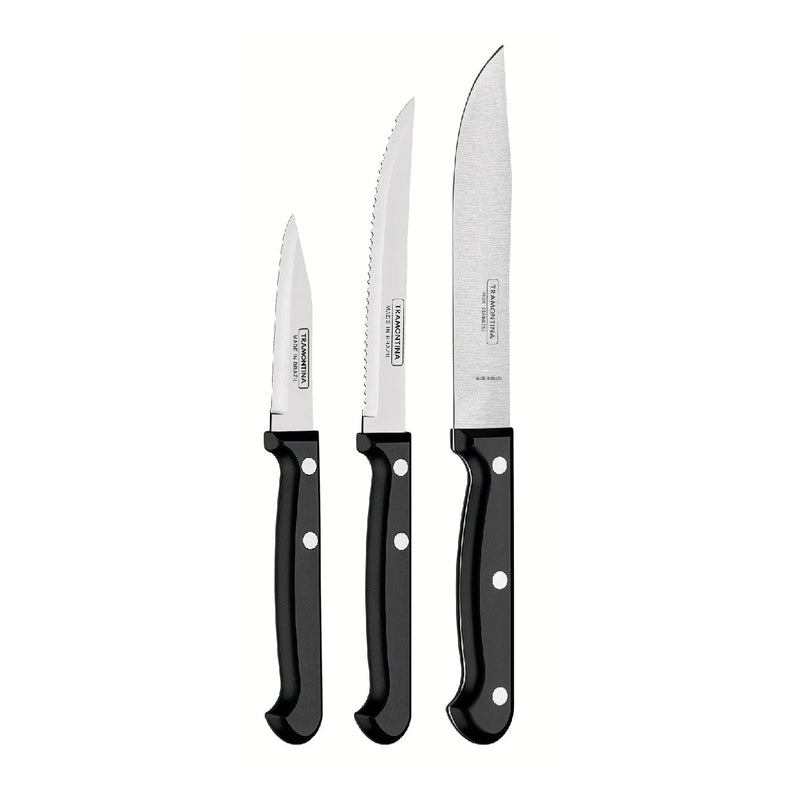 Ultracorte Set of 3 Antimicrobial Stainless Steel Knife - Vegetable + Steak + Kitchen (Black)