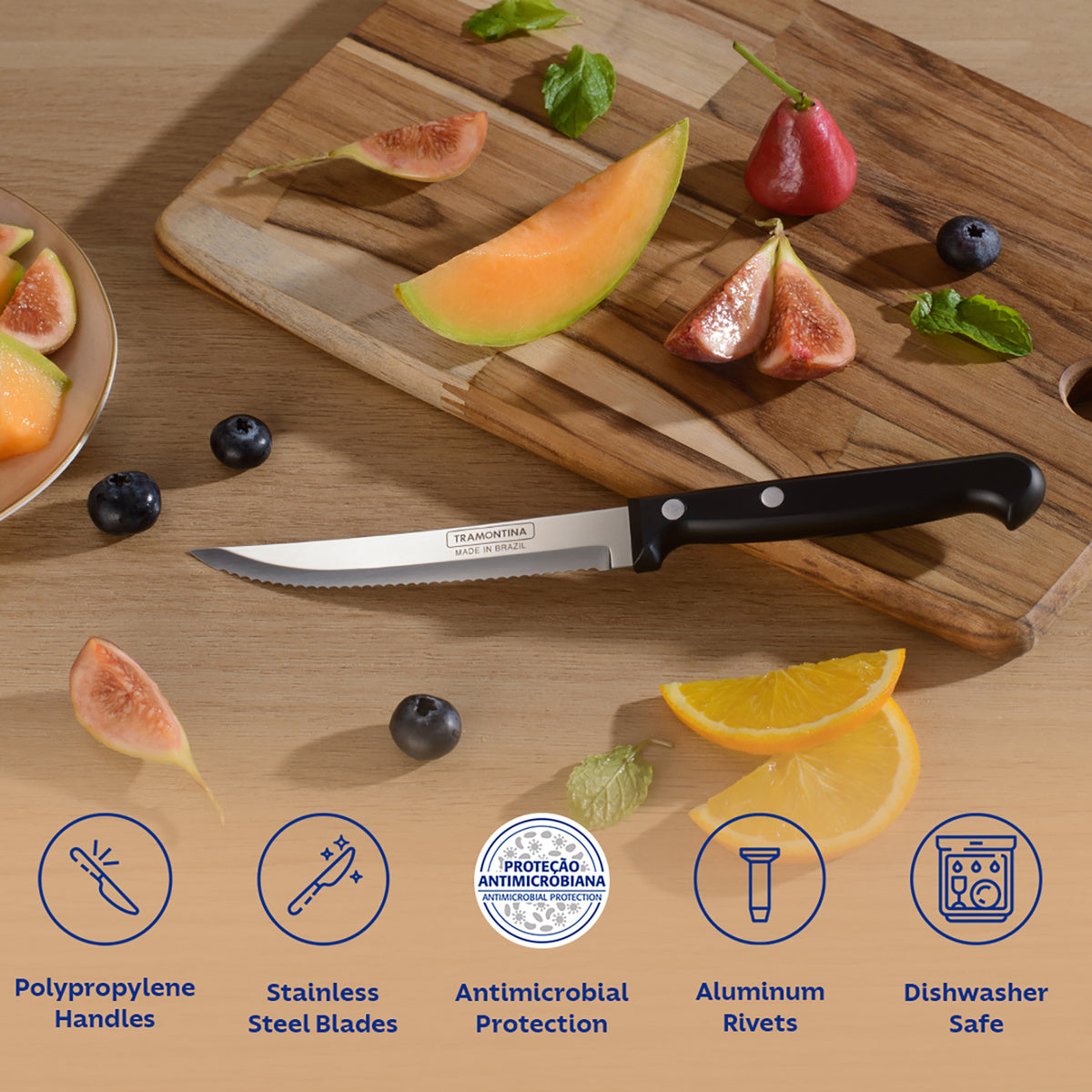 Ultracorte Set of 3 Antimicrobial Stainless Steel Knife - Vegetable + Steak + Kitchen (Black)