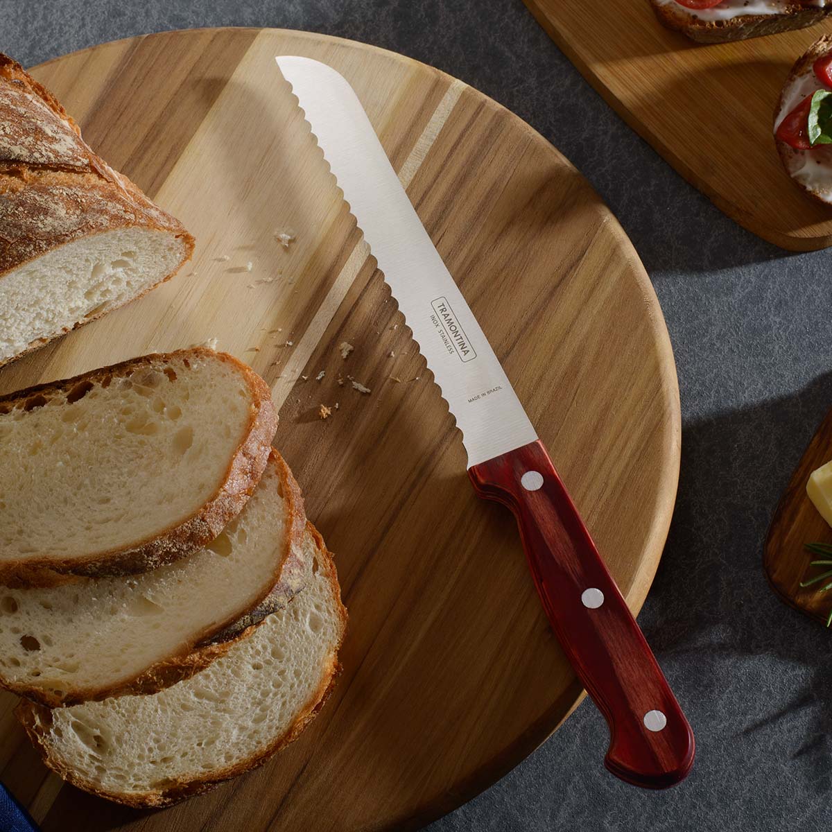 Polywood 7" Stainless Steel Bread knife Wavy Serrated Blade - Impact & Heat Resistant Wooden Handle (Red)