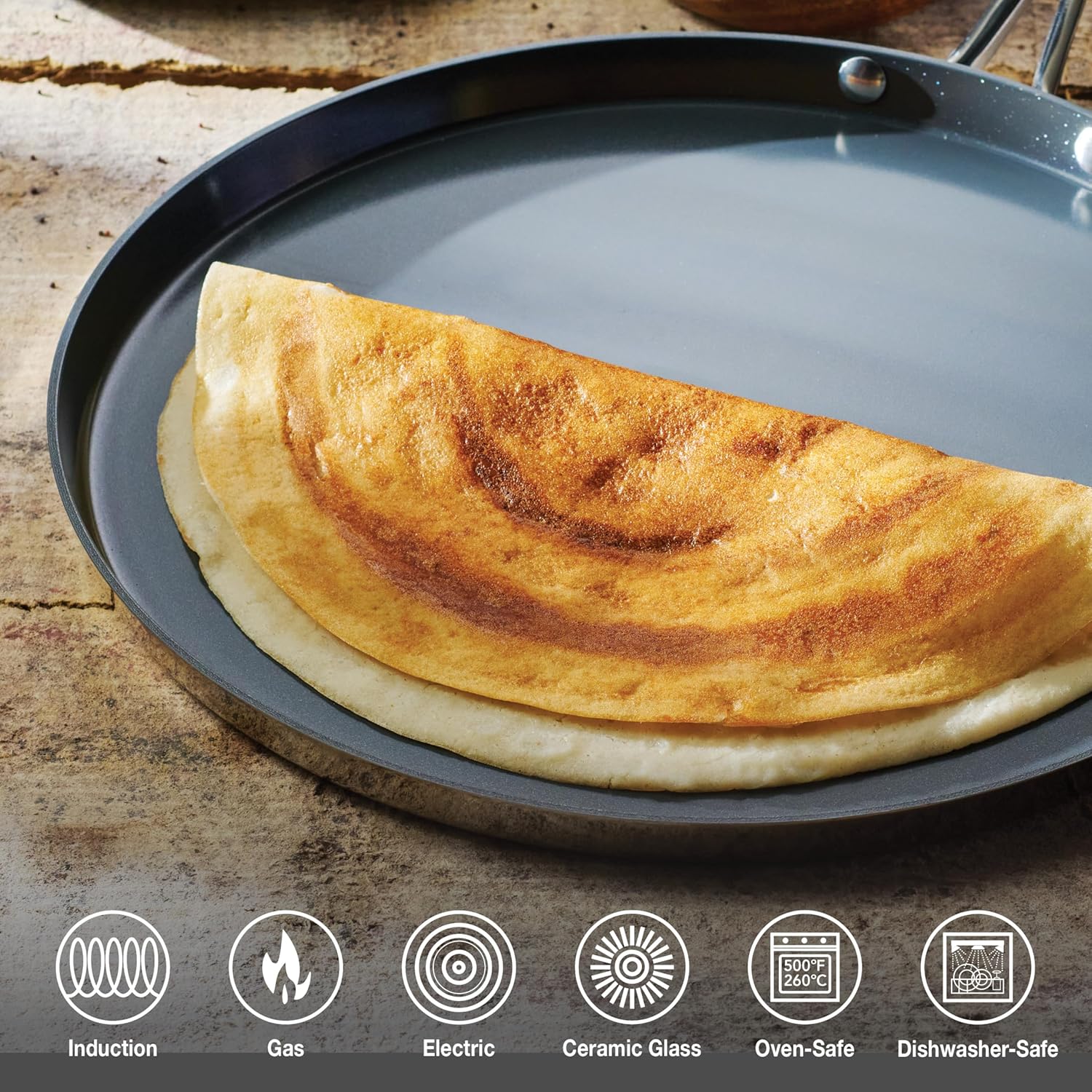 Fusao EX+ 28cm Ceramic Stainless Steel Tri-Ply Dosa Tawa - 4mm Thick