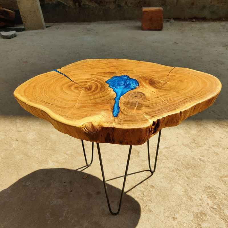 Handmade Epoxy River Live Edge Crosscut Slab Table | Statement Resin Coffee Table | Solid Wood Center Table | Custom Wood River Design | Tree Trunk Coffee Table